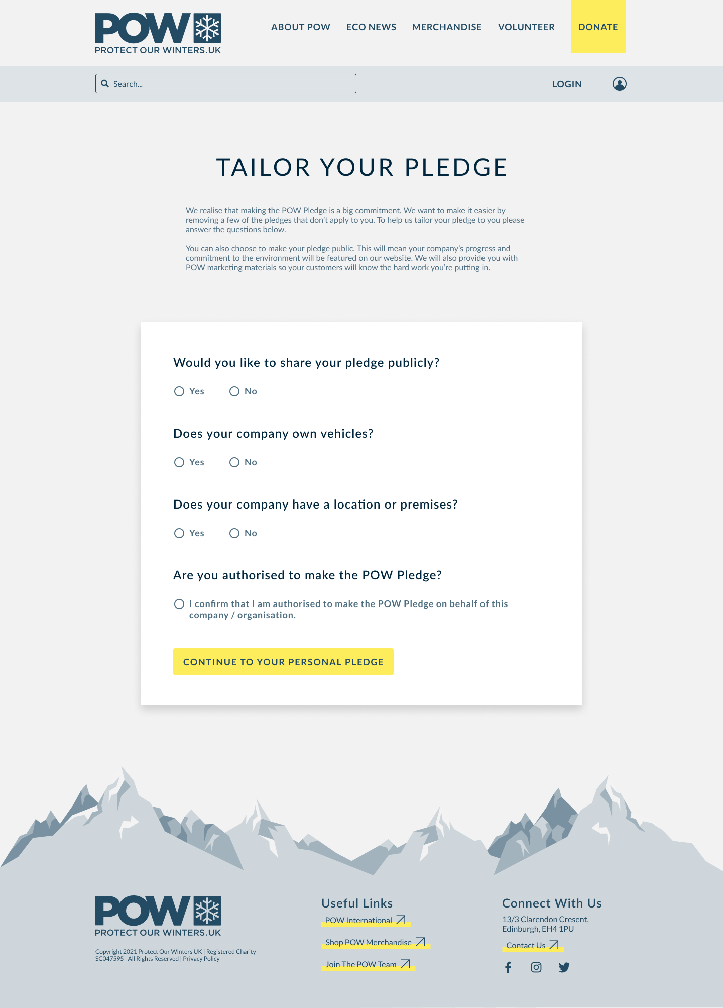 Pre-pledge qualifying questions that filter form fields by organisation type